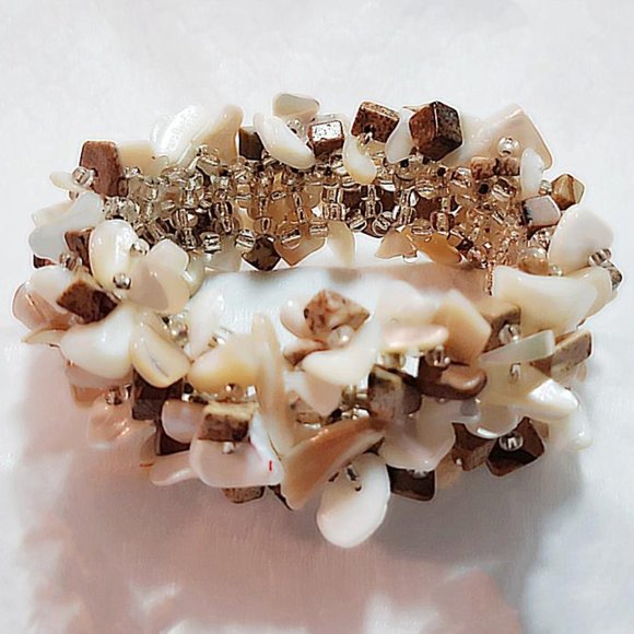 Elastic Bracelet (br10) Handmade Natural Beige Brown Mother of Pearl Shell 7"-8" - Picture 4 of 9